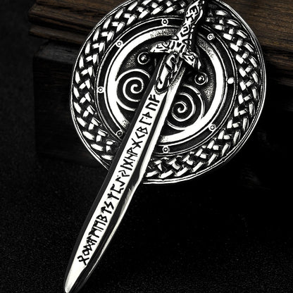 Men's Steel Viking Rune Sword Shield Round Tag Pendant Necklace