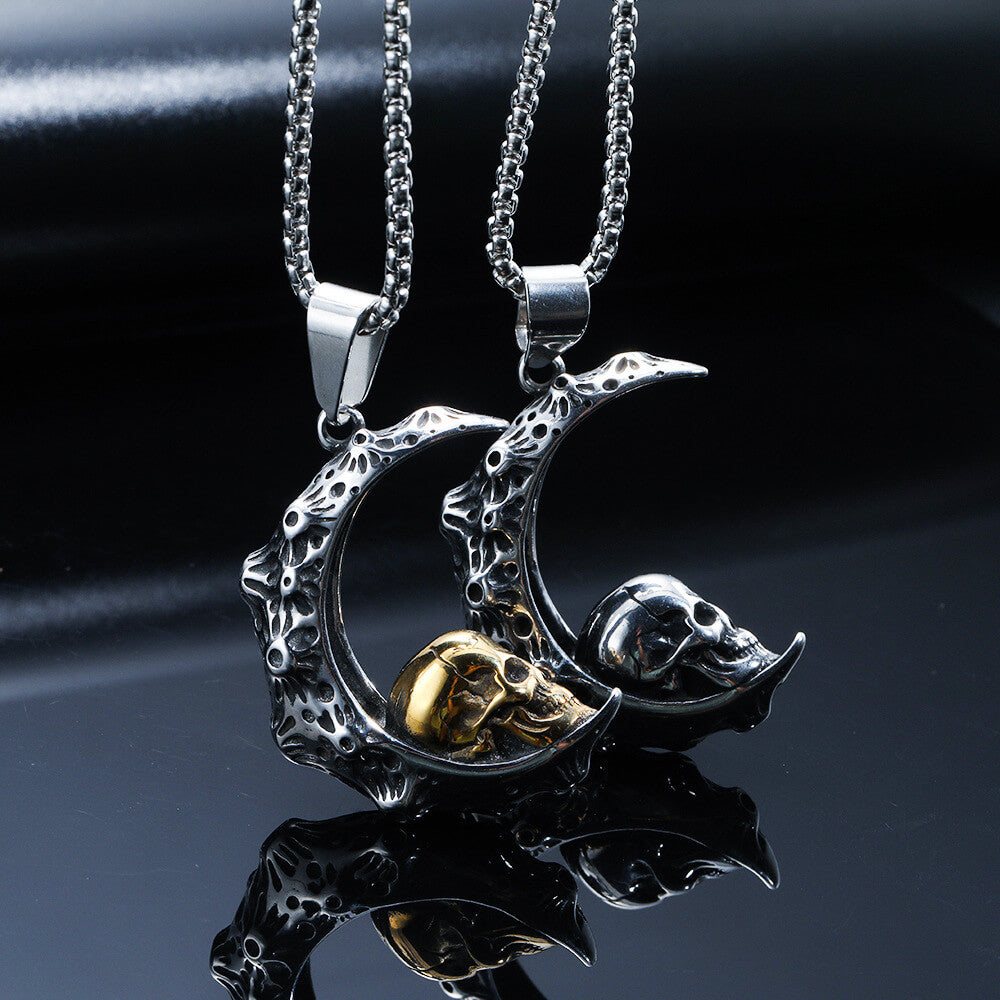 Men's Vintage Crescent-Shaped Skull And Ghost Head Pendant Necklace