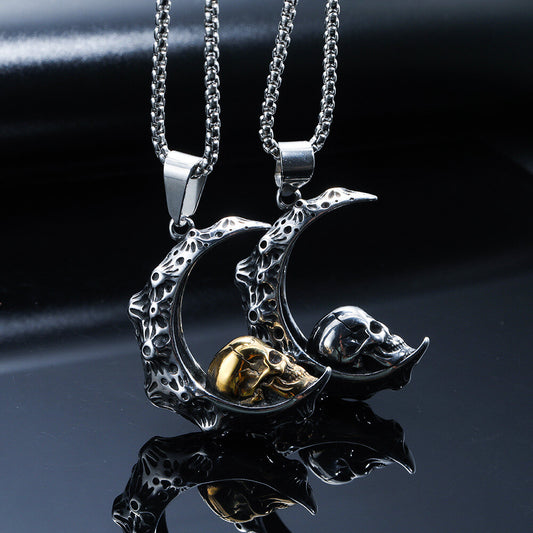 Men's Vintage Crescent-Shaped Skull And Ghost Head Pendant Necklace