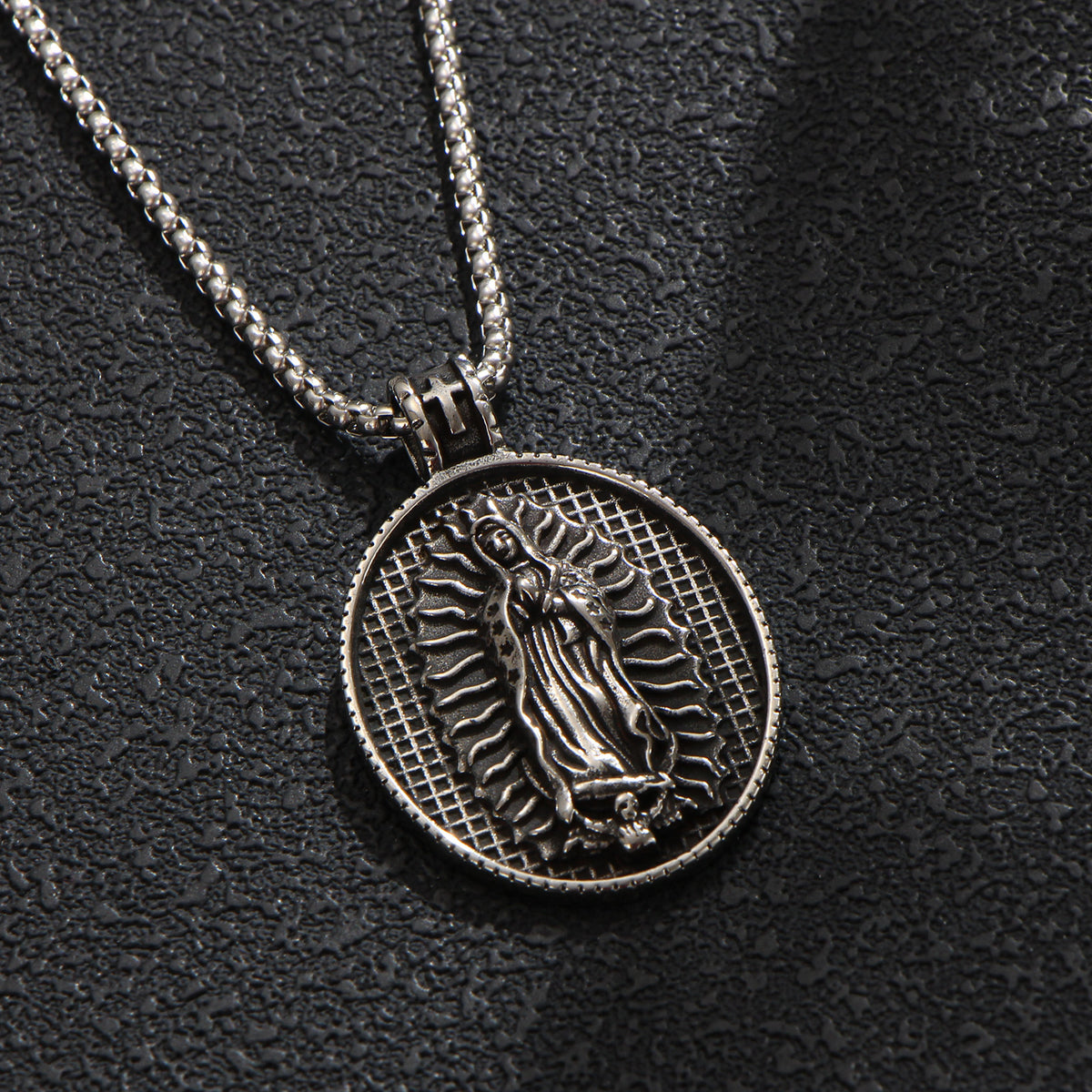 Men's Steel Oval Virgin Mary Pendant Necklace