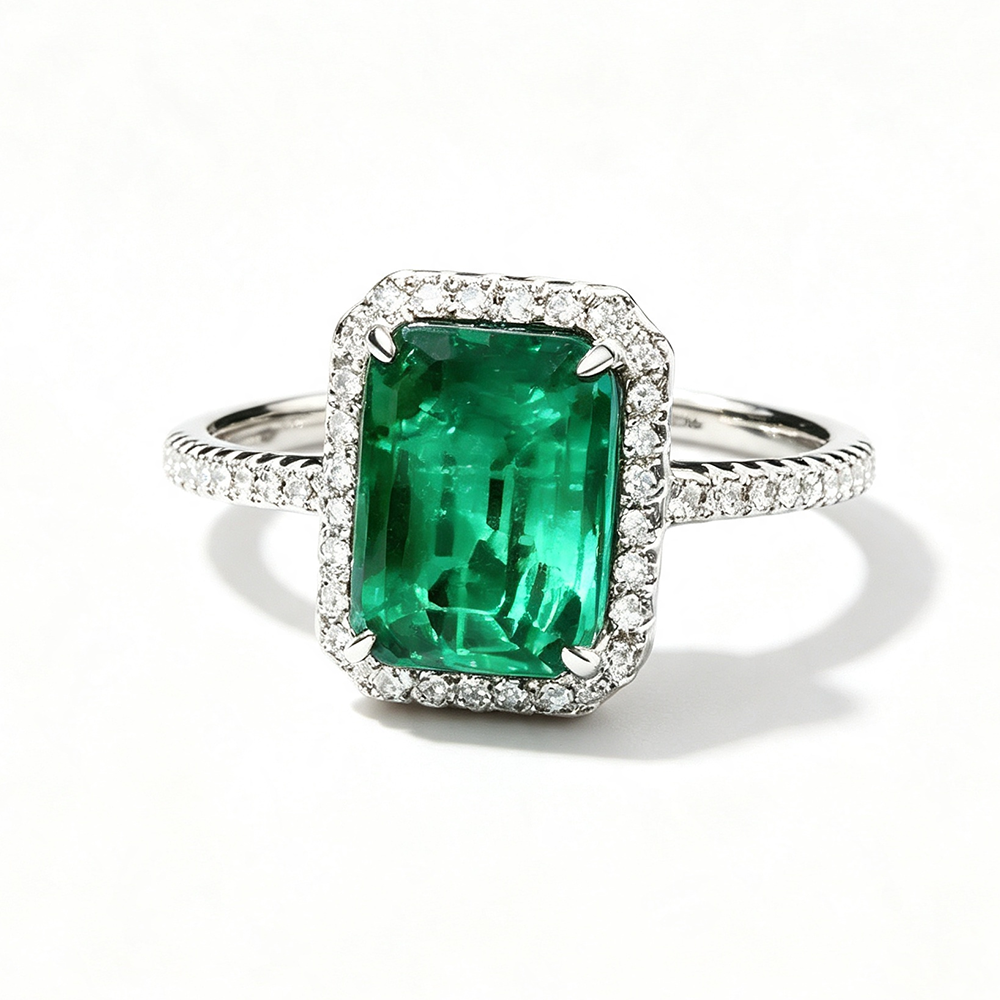 Women's Rectangular Emerald Green Zirconia Center Stone Halo Paved Ring, S925 with White Gold Plating