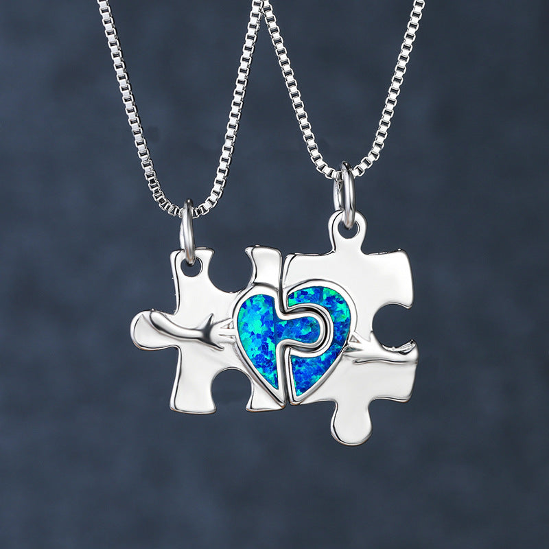 Blue Opal Puzzle Heart Set Necklace