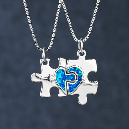 Blue Opal Puzzle Heart Set Necklace