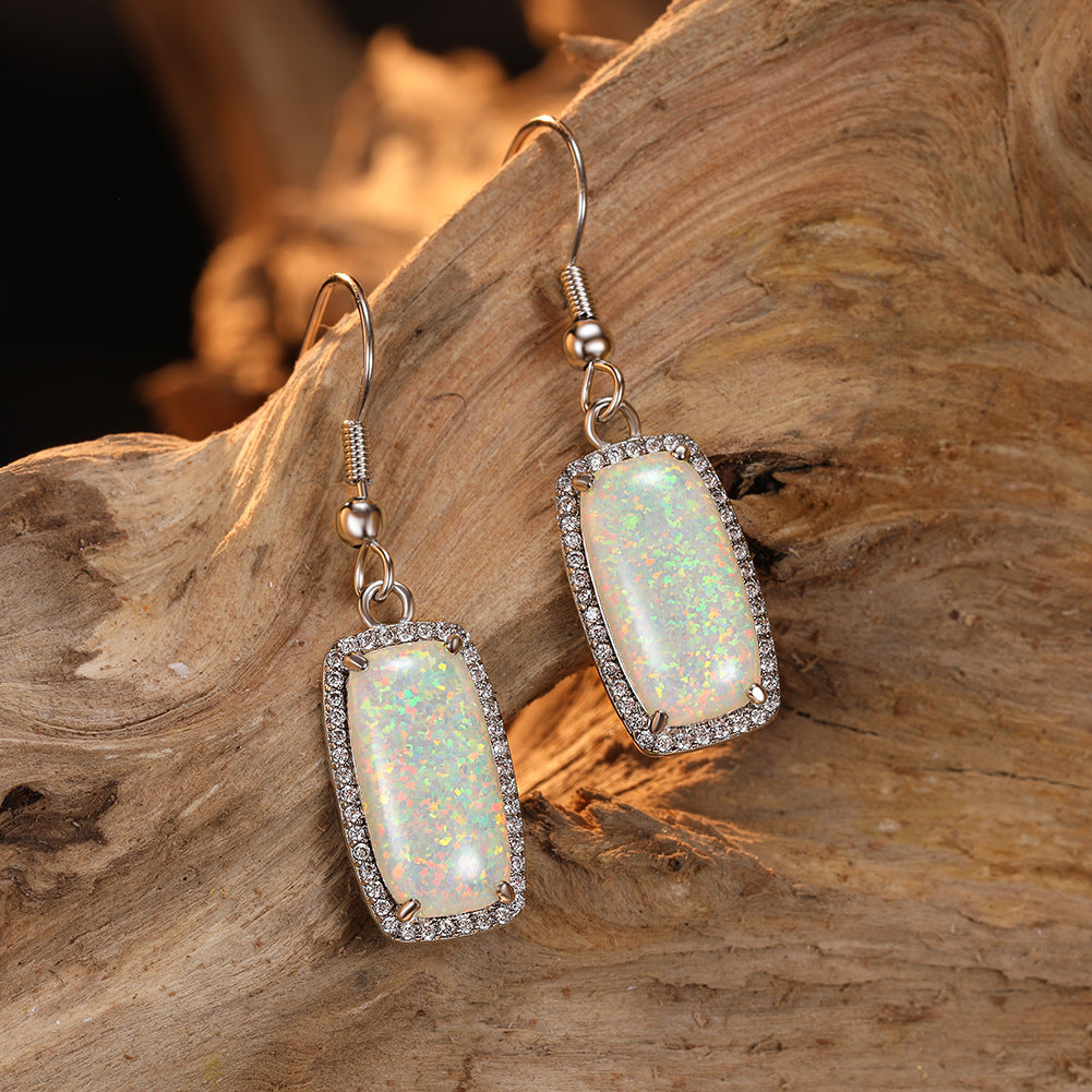 Women's Rectangle Halo Zirconia Dangle Earrings With White Opal, White Gold Plating