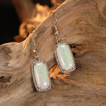Women's Rectangle Halo Zirconia Dangle Earrings With White Opal, White Gold Plating