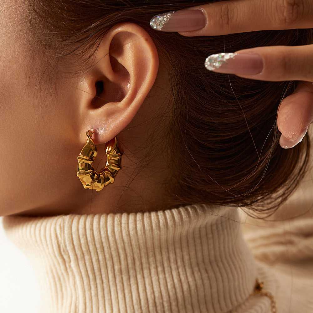 Women's Bamboo Joint Hollow Dangle Earrings, Titanium Steel with 18K Gold Plating / White Gold Plating