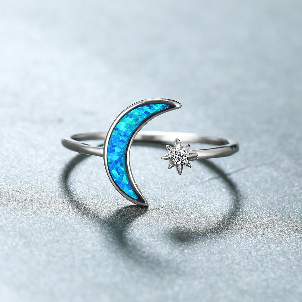 Women's Crescent Moon Shooting Star Opal with Zirconia Ring