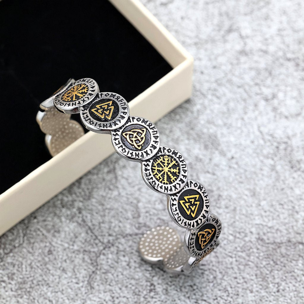 Nordic Pirate Retro Viking Rune Symbols Open C Bracelet for Men, Vintage Stainless Steel Cuff Bangle