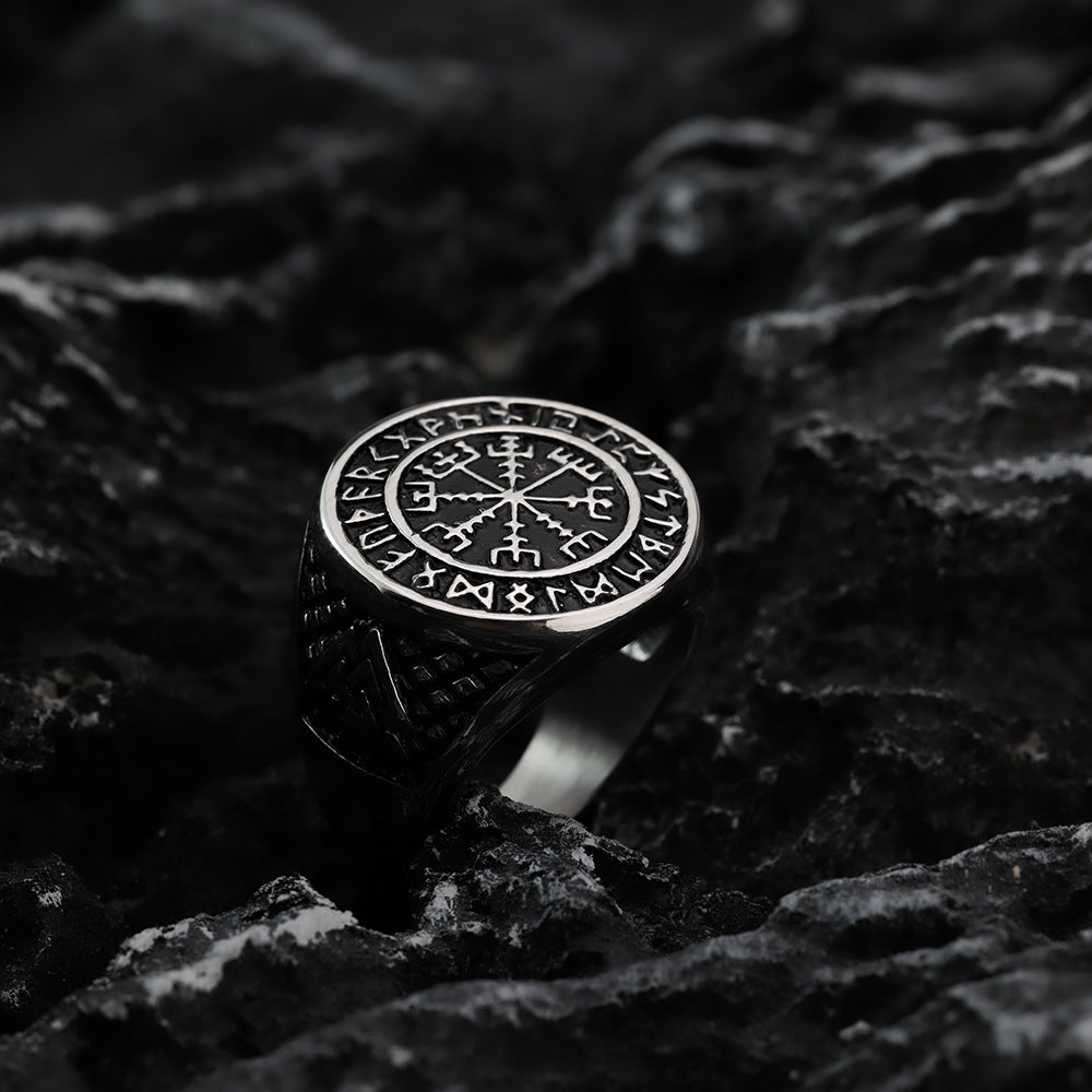 Vintage Nordic Stainless Steel Viking Rune Compass Round Ring for Men