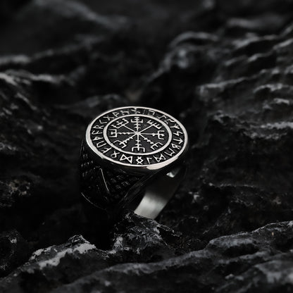 Vintage Nordic Stainless Steel Viking Rune Compass Round Ring for Men