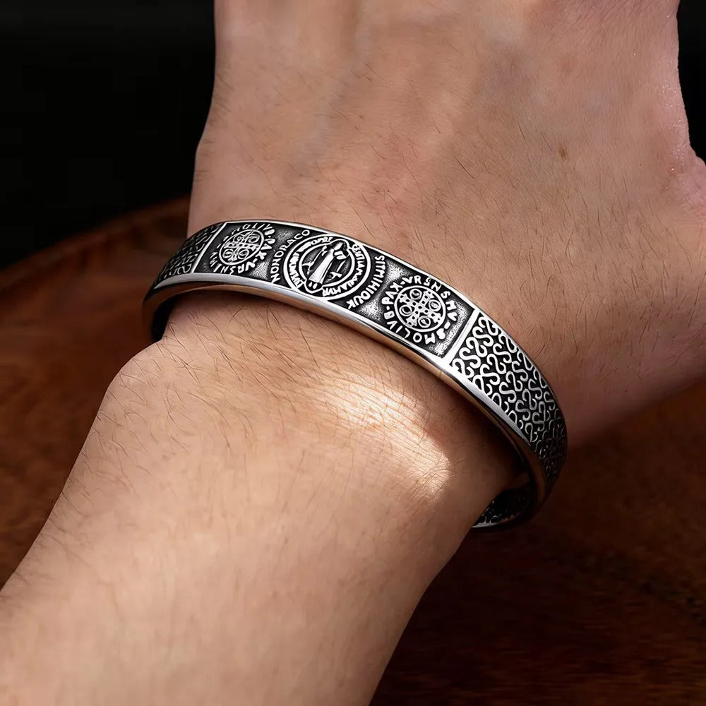 Vintage Punk St. Benedict Open C Bracelet for Men, Trendy Personality Stainless Steel Retro Adjustable Cuff Bangle Jewelry