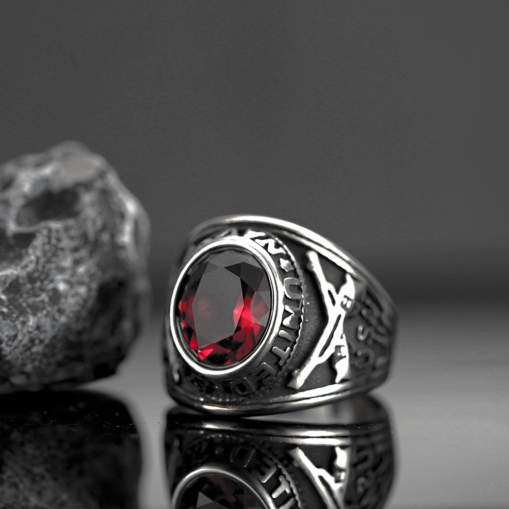 Vintage Solid Stainless Steel Hip Hop Dual Pistol Inlaid Red Cubic Zirconia Band Ring for Men
