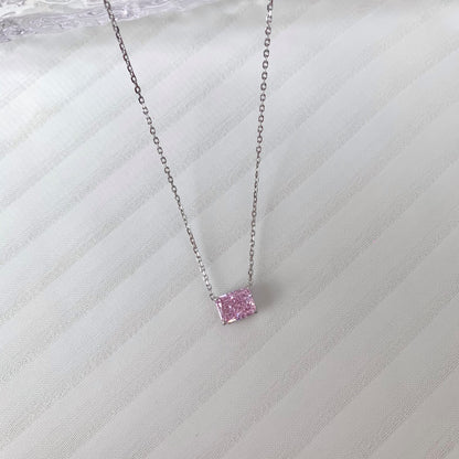 Women's Luxury Pendant Necklace, Rectangle Shape Crushed Ice Cut Pink Sapphire Inlay, S925 with White Gold Plating