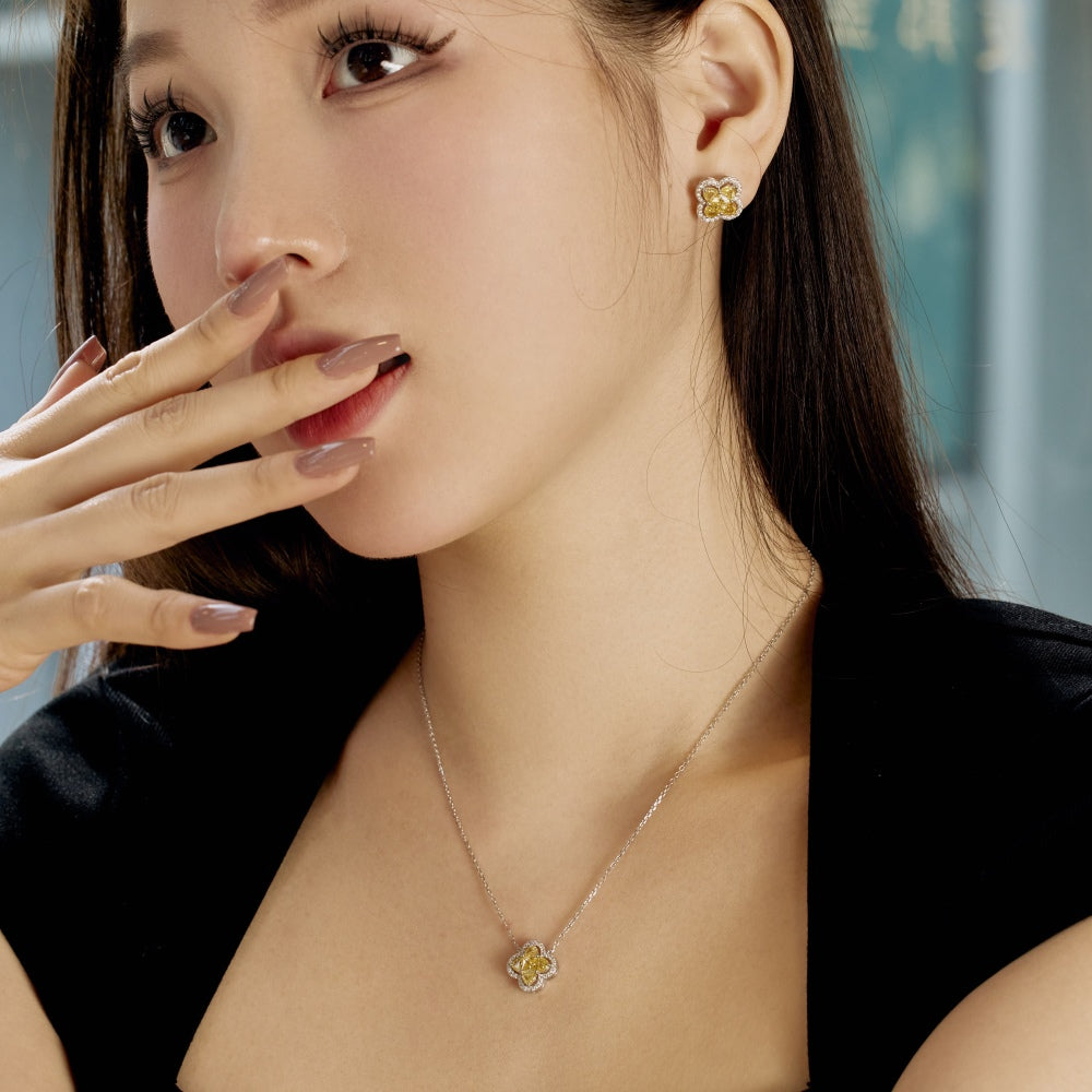Women's Clover Halo Stud Earrings, Heart‑Shape Yellow Sapphire, S925 with White Gold Plating