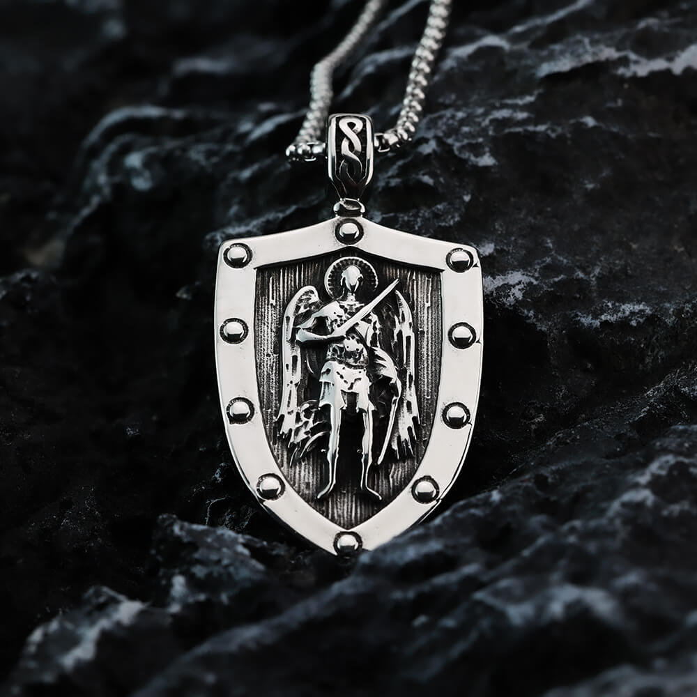 Men's Steel Vintage Archangel St Michael Shield Double Sided Pendant Necklace