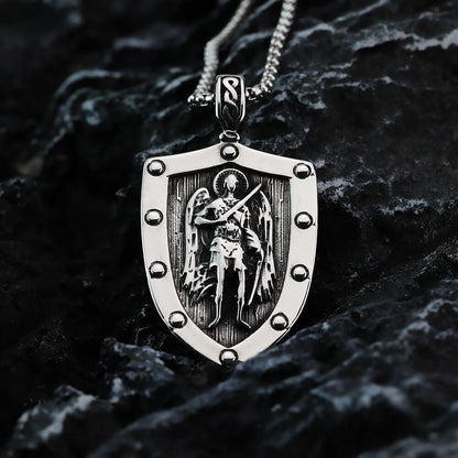 Men's Steel Vintage Archangel St Michael Shield Double Sided Pendant Necklace