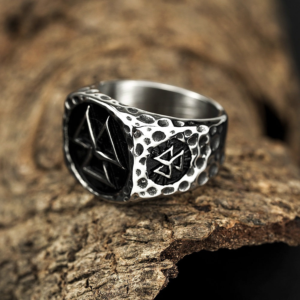 Vintage Antique Oxidized Solid Stainless Steel Hammered Texture Triquetra Celtic Knot Wide Signet Band Ring for Men