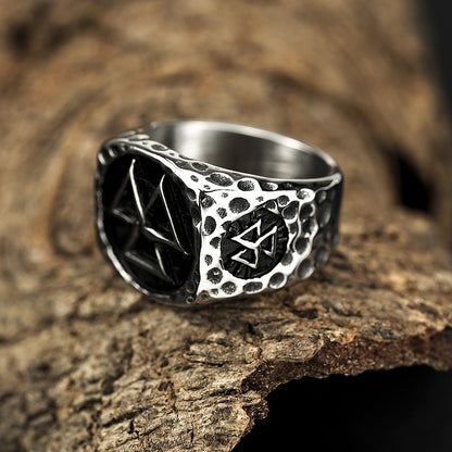 Vintage Antique Oxidized Solid Stainless Steel Hammered Texture Triquetra Celtic Knot Wide Signet Band Ring for Men