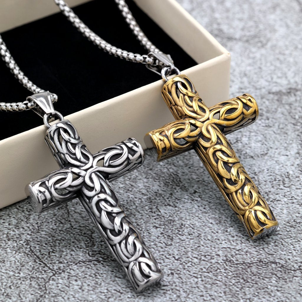 Vintage men's stainless steel carved cross pendant necklace