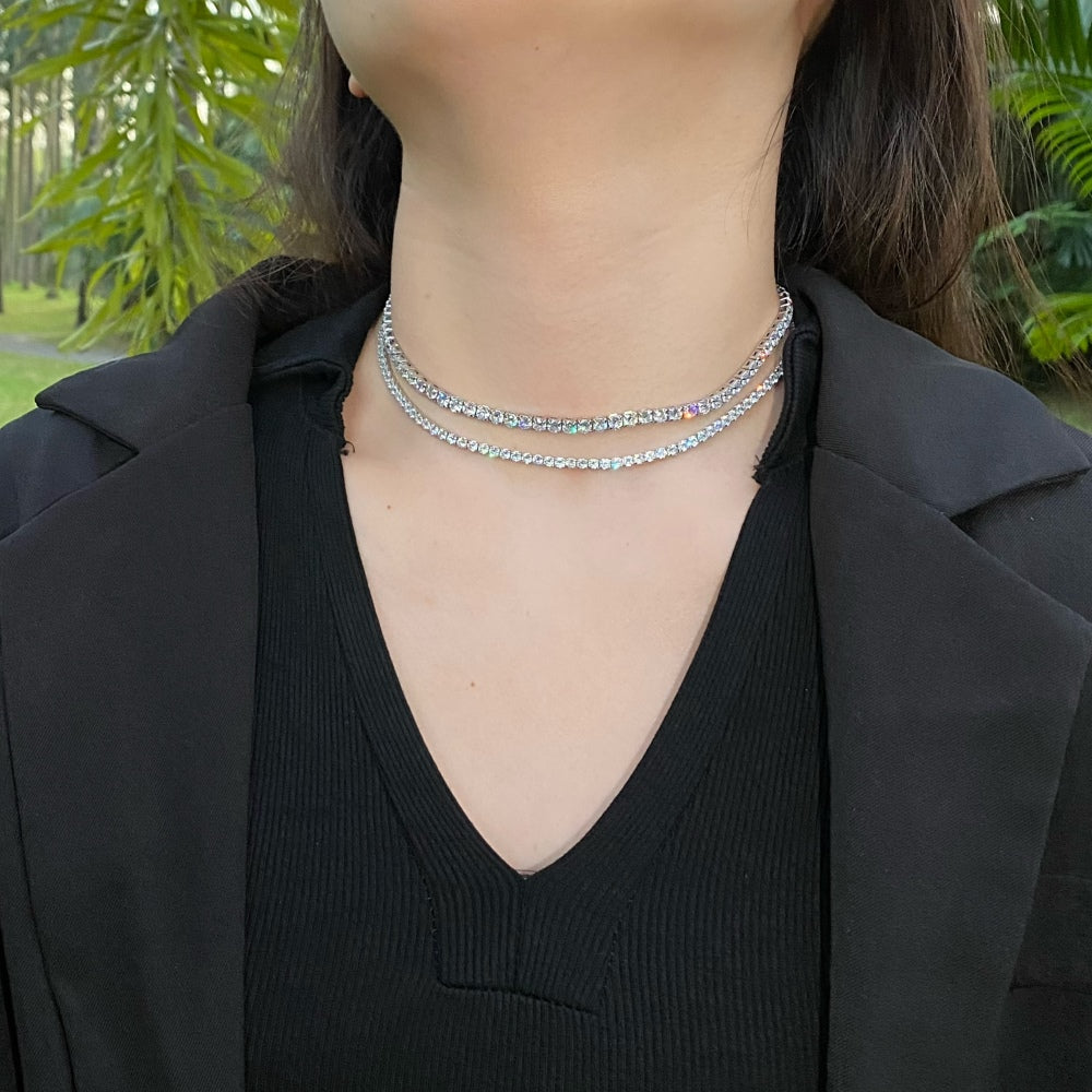 Women's Single Row Tennis Necklace, Inlaid Round Clear Zirconia, S925 with White Gold Plating