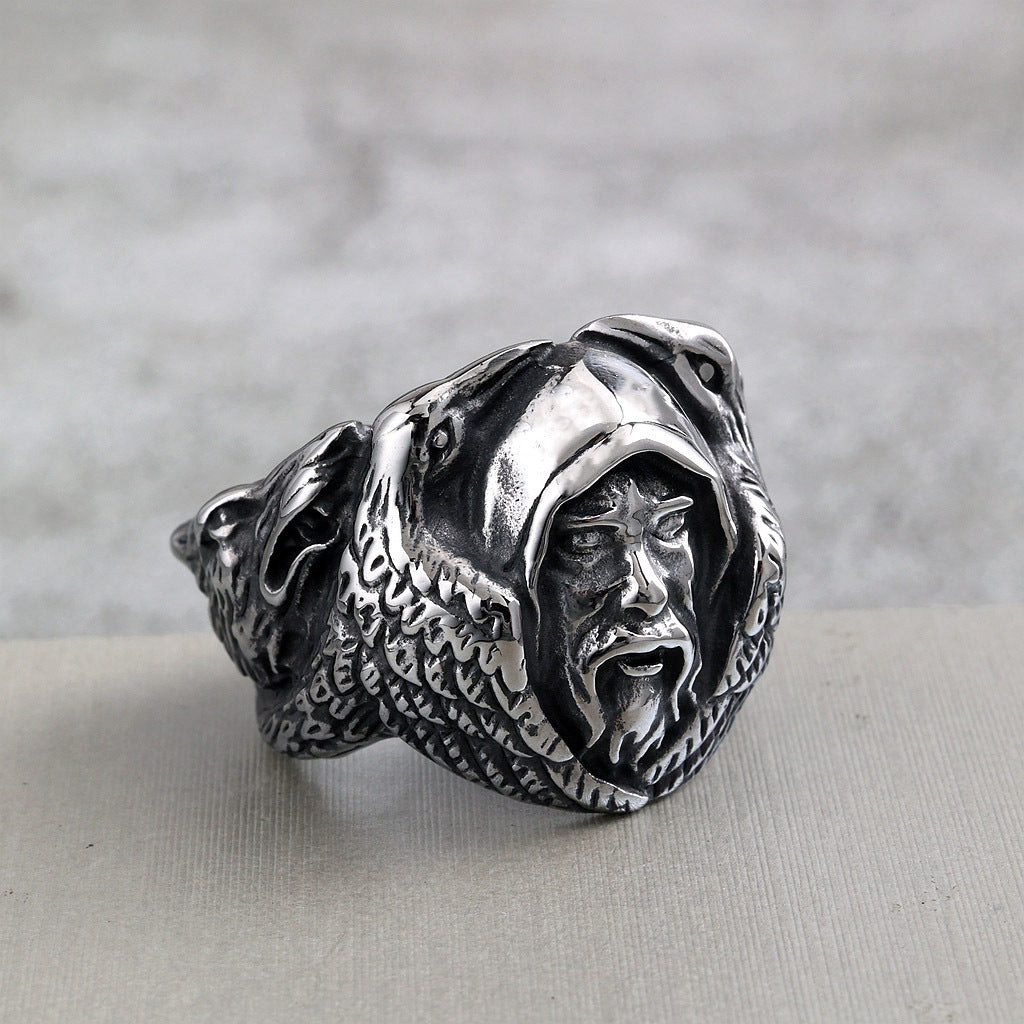 Vintage Stainless Steel Biker Viking Odin Raven Wolf Head Ring for Men