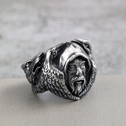 Vintage Stainless Steel Biker Viking Odin Raven Wolf Head Ring for Men