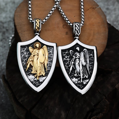 Vintage Stainless Steel Men's Shield St. Michael Angel Pendant Necklace