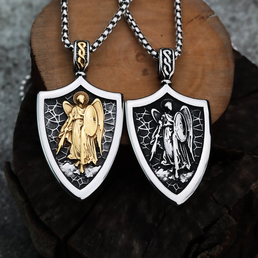 Vintage Stainless Steel Men's Shield St. Michael Angel Pendant Necklace