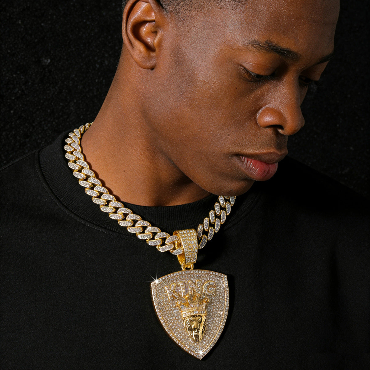 Hip-Hop Lion Head King Shield Cuban Chain Pendant Necklace