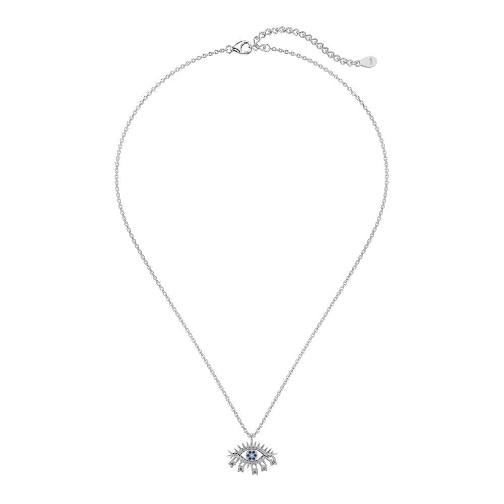 Women's Evil Eye Pendant Necklace, Round White Zirconia With Blue Accent, S925 with White Gold Plating