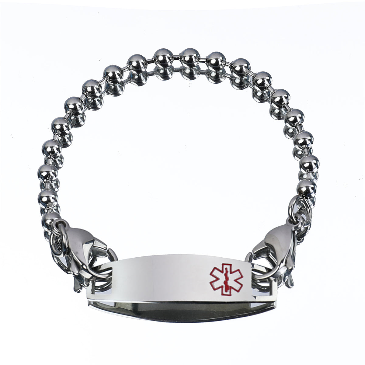 Silver Stainless Steel Round Ball Chain Bracelet for Men, Medical Curved Tag with Lobster Clasp Wrist Chain