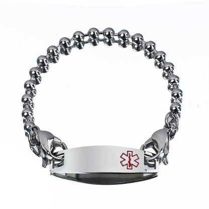 Silver Stainless Steel Round Ball Chain Bracelet for Men, Medical Curved Tag with Lobster Clasp Wrist Chain