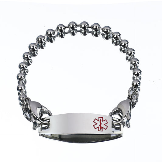 Silver Stainless Steel Round Ball Chain Bracelet for Men, Medical Curved Tag with Lobster Clasp Wrist Chain