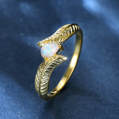 Women's Gold Plated Feather Teardrop Opal ring