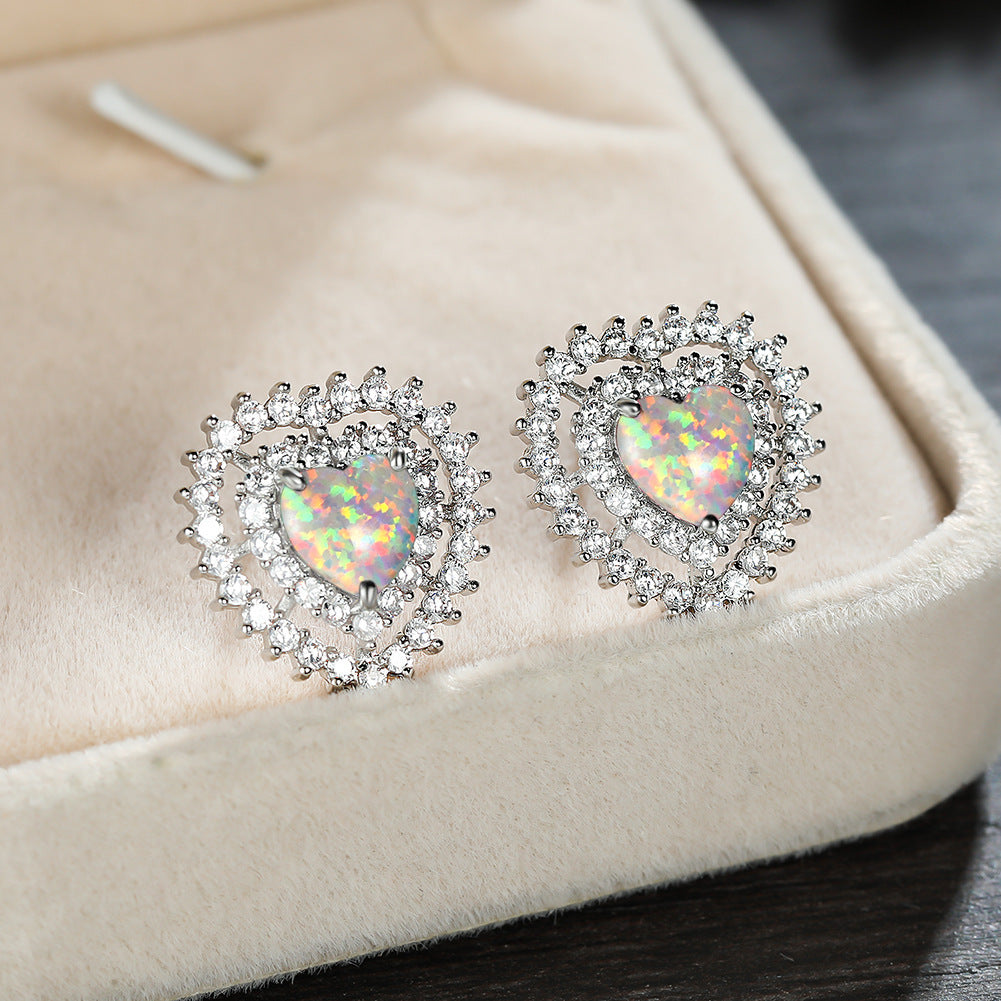 Women's Double‑Layer Heart Opal Stud Earrings, Full Zirconia Halo Setting, with White Gold Plating