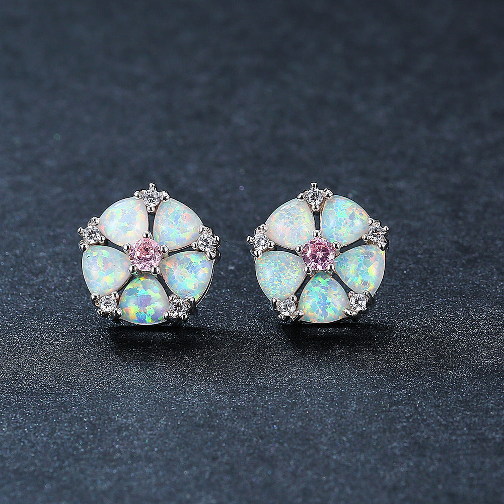 Women's Flower‑Shape Stud Earrings, Opal With Zirconia Inlay, White Gold Plating