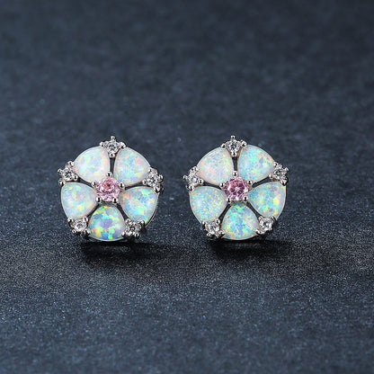 Women's Flower‑Shape Stud Earrings, Opal With Zirconia Inlay, White Gold Plating