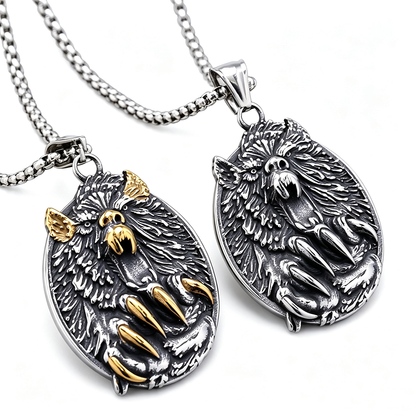 Men's Steel Bear Head & Claw Round Pendant Necklace