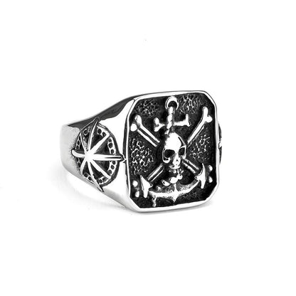 Vintage Solid Stainless Steel Pirate Skull Octagram Square Signet Ring for Men