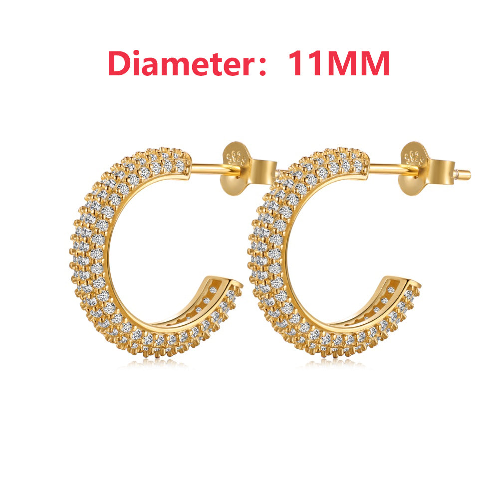 Women's Delicate 11 mm Round Huggie Earrings, Full Paved Round Zirconia, S925 with 18K Gold Plating