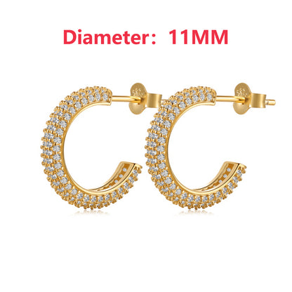 Women's Delicate 11 mm Round Huggie Earrings, Full Paved Round Zirconia, S925 with 18K Gold Plating