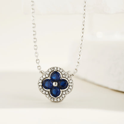 Women's Exquisite Pendant Necklace, Clover Flower Inlaid Blue Sapphire, S925 with White Gold Plating