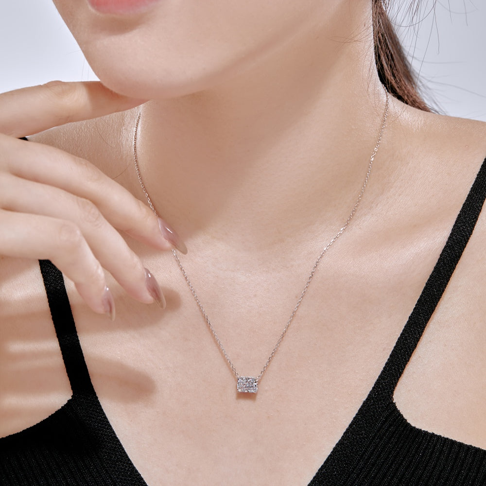 Women's Luxury Pendant Necklace, Rectangle Shape Crushed Ice Cut Colorless Zirconia Inlay, S925 with White Gold Plating