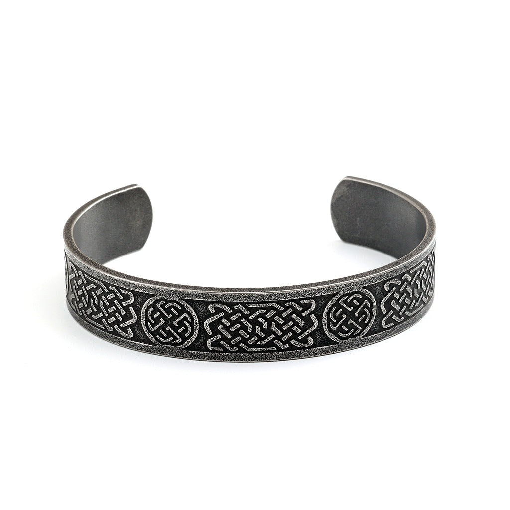 Men's Vintage Distressed Stainless Steel Cuff Bracelet, Nordic Viking Pirate Celtic Knot Open C Bangle