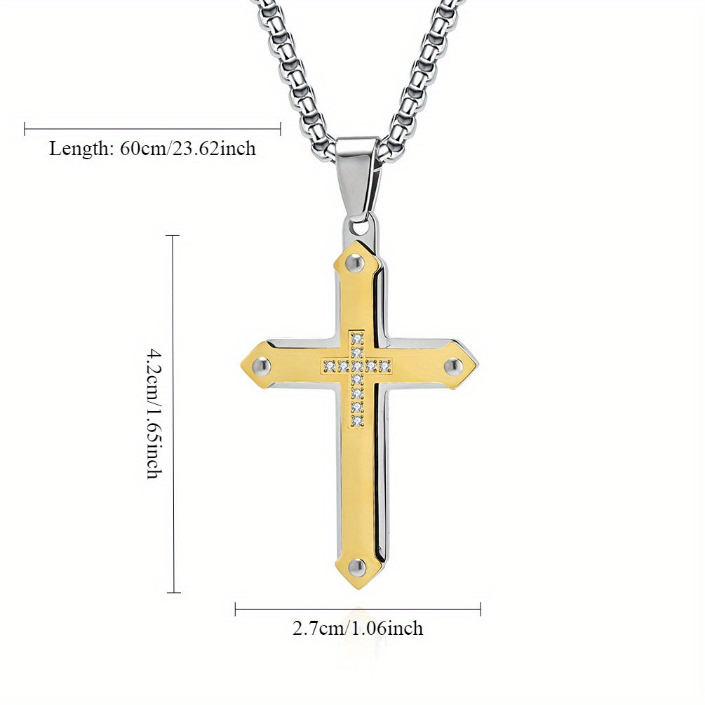 Double-Layer Zircon-Encrusted Men's Cross Pendant Necklace