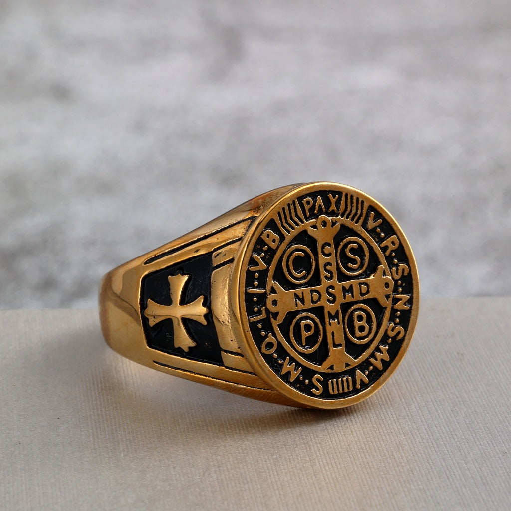 Vintage Gold Plated Stainless Steel Saint Benedict Exorcism Cross Round Signet Ring for Men