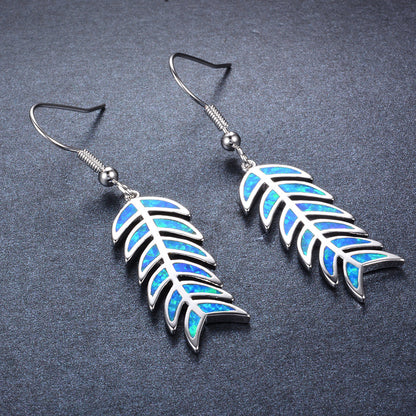 Women's Leaf‑Shape Hook Dangle Earrings, White Opal / Blue Opal Inlay, with White Gold Plating