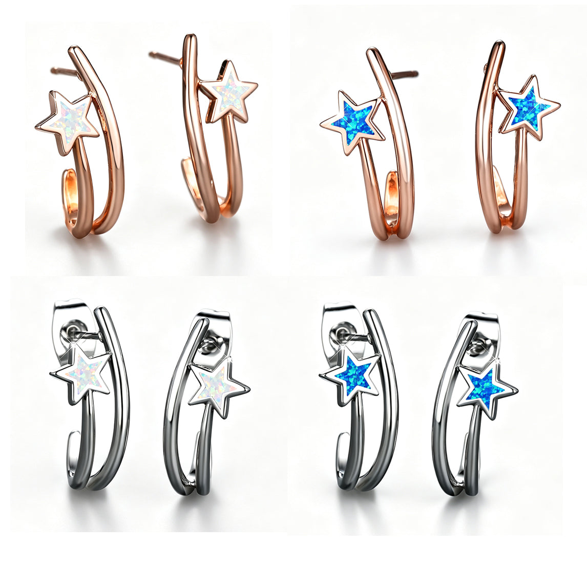 Women's Double‑Hoop C‑Shape Star Opal Hoop Earrings, with White Gold Plating / Rose Gold Plating