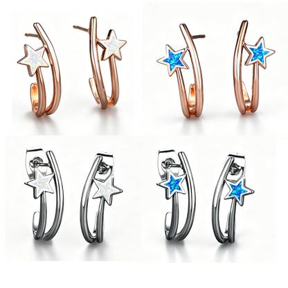 Women's Double‑Hoop C‑Shape Star Opal Hoop Earrings, with White Gold Plating / Rose Gold Plating