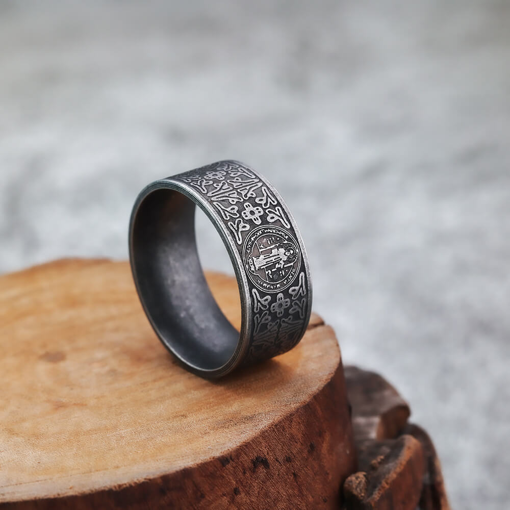 Vintage Solid Stainless Steel Dark Circle Saint Benedict Cross Ring for Men
